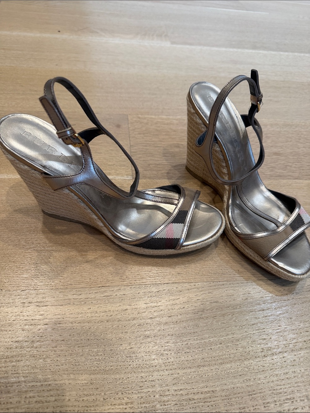 Burberry Leeham Metallic Wedge Espadrille Sandals